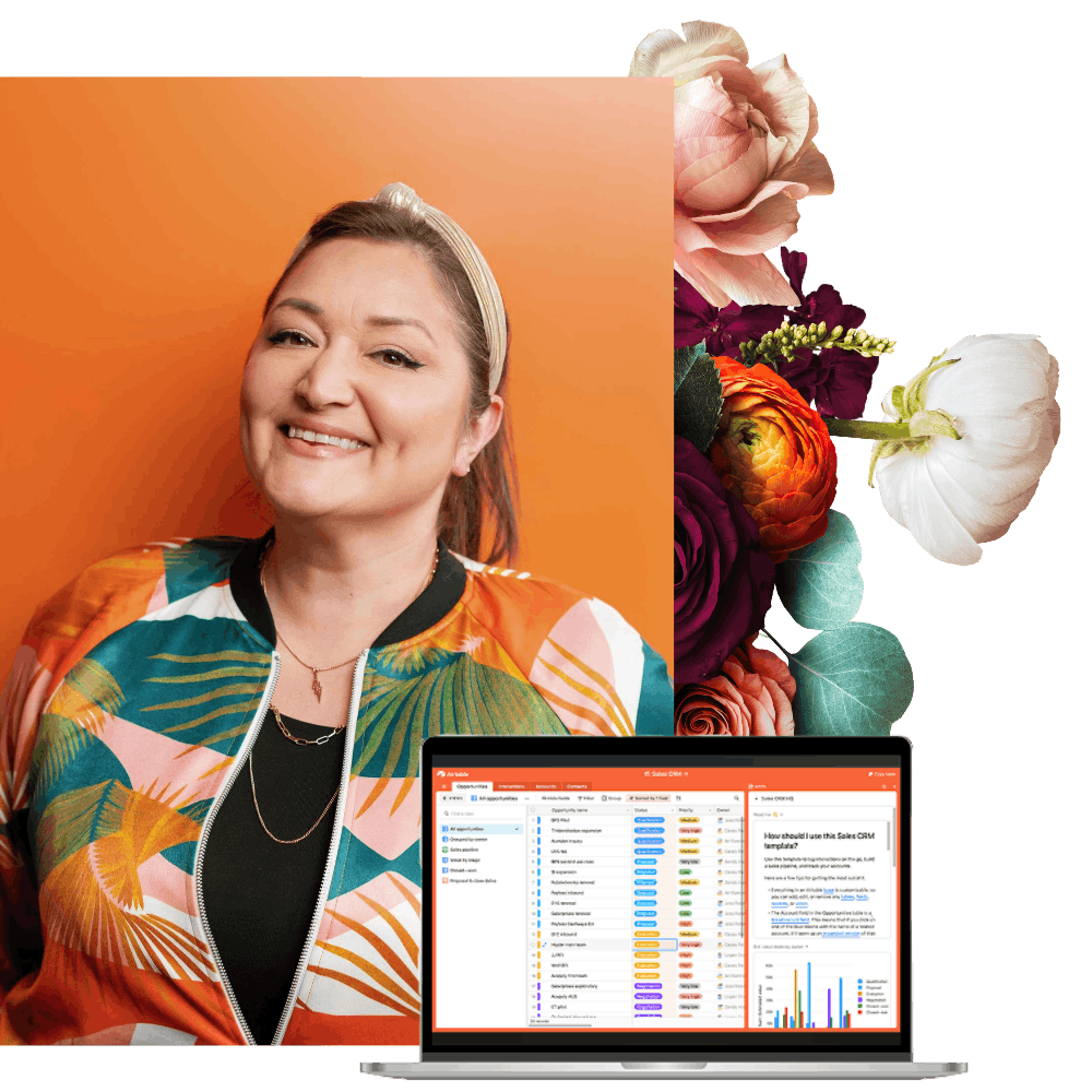 Dama Jue, a Mexican with brown hair, wearing a multi colored jacket, shown with a floral background and a laptop showing an Airtable dashboard.